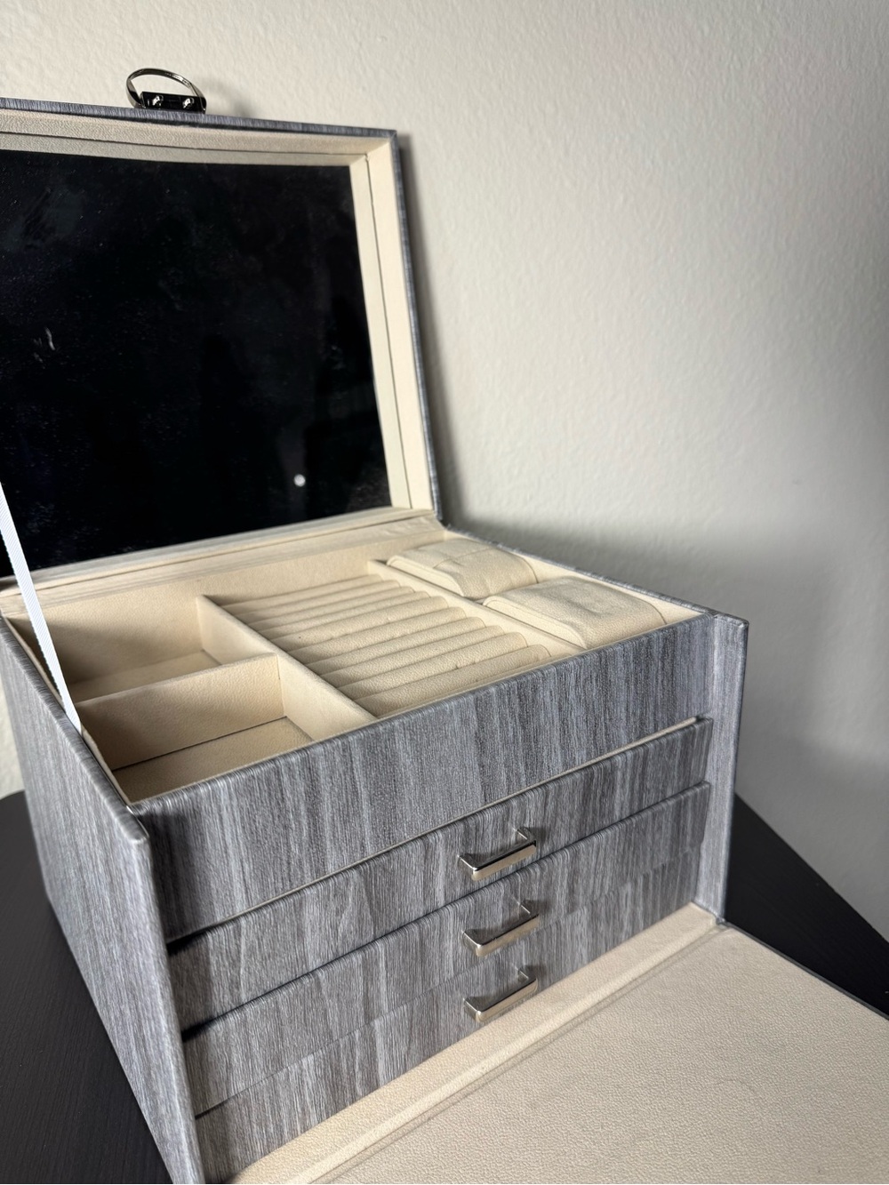 Gray Jewelry Organizer Box with Mirror - Elegant Home Storage